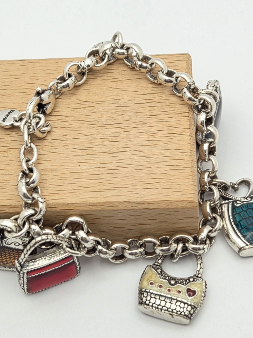 Brighton Vintage Handbag Purse Charm Bracelet Enamel Silver Tone